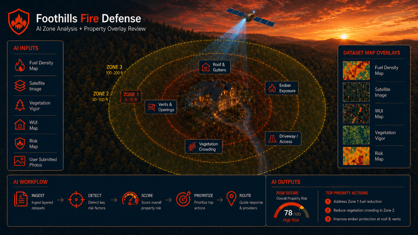 AI wildfire property dashboard showing Satellite Intelligence, Aerial Watch, AI Property Assessment, Weather & Fire Risk, dataset map overlays, and priority mitigation actions.